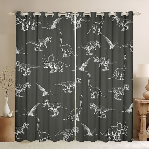 Feelyou Dark Gray Hand Drawn Dinosaur Curtains Pack of 2 (42x84 Each) for Men Women Kids, Chalk Style Wildlife Curtains Blackout, Gray White