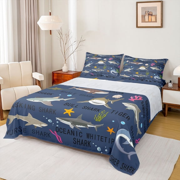 Feelyou Dark Shark Ocean Bed Sheets for Boys Girls Kids, Sea Coral Marine Wildlife King Sheets, Navy, 4pcs