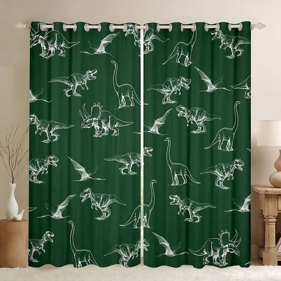 Feelyou Deep Green Dinosaur Black Out Curtains for Boys Men, Retro Line Wildlife Art Curtains Pack of 2 (42x63 Each), Green