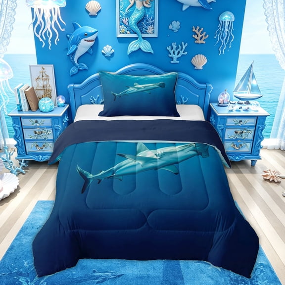 Feelyou Deep Sea Shark Twin Comforter Sets for Kids Boys Girls, Cartoon Ocean Animal Bedding Set, Blue, Blue Reversible, 2 Pieces