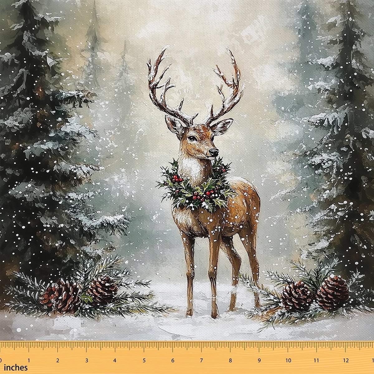 Feelyou Deer Animal Fabric by the Yard 3 Yards for Kids, Merry Christmas Home Decor Fabric by the Yard, Jungle Xmas Tree Sewing Fabric, Lightweight Room Decor