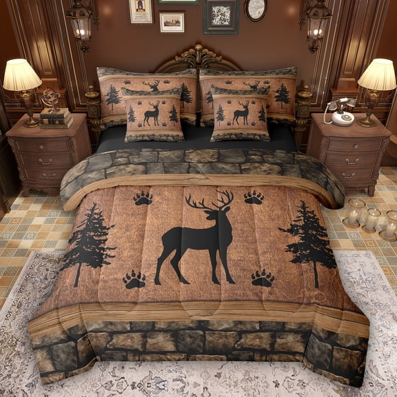 Feelyou Deer Animal Twin Bedding Sets 7pcs, Retro Countryside Bedding Comforter Set