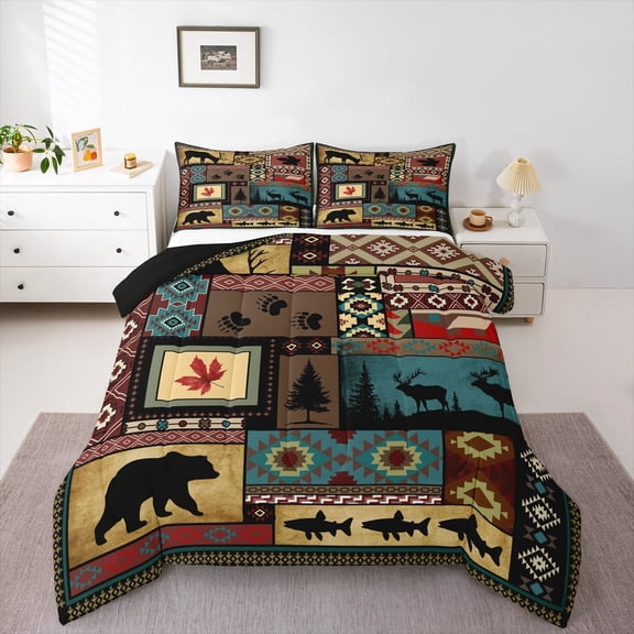 Feelyou Deer Bear Animal King Comforter Set, Boho Aztec Bedding Set, 3-Piece