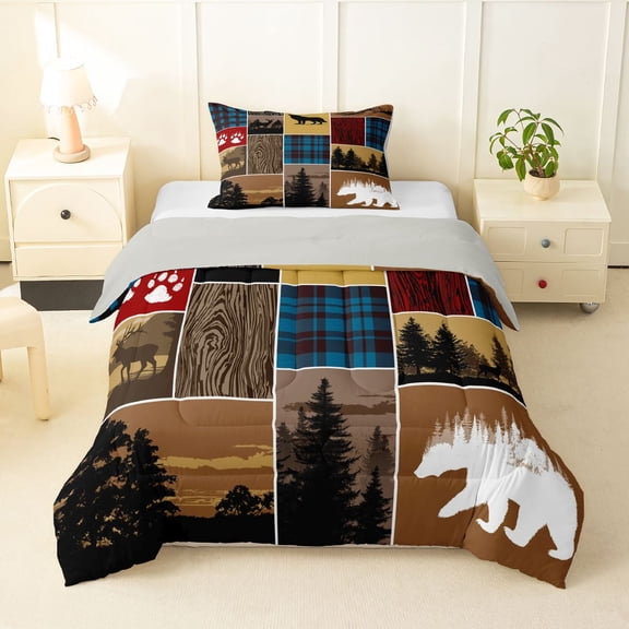 Feelyou Deer Bear Twin Comforter Sets, Retro Patchwork Bedding Set, 2pcs