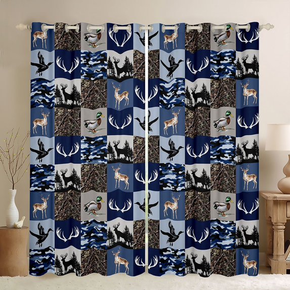 Feelyou Deer Duck Black Out Curtains, Blue Plaid Curtains Pack of 2 (42x63 Each)
