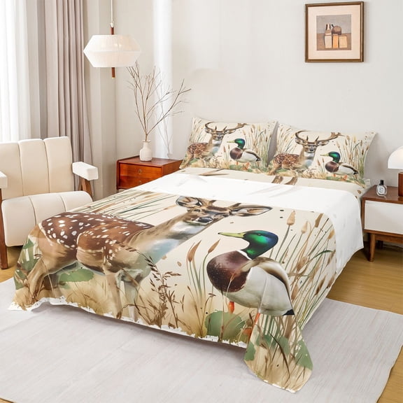 Feelyou Deer Duck Kids Bed Sheets, Rustic Western Cabin King Sheets, 4pcs