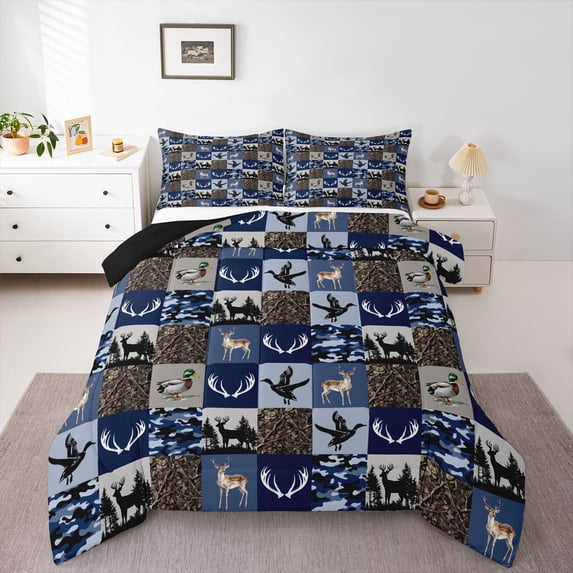 Feelyou Deer Duck Queen Comforter Set, Blue Plaid Bedding Comforter Set, 3 Pieces