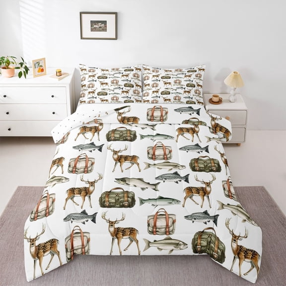 Feelyou Deer Fish Wildlife Queen Comforter Set, Camping Adventure Bedding Set, 3pcs