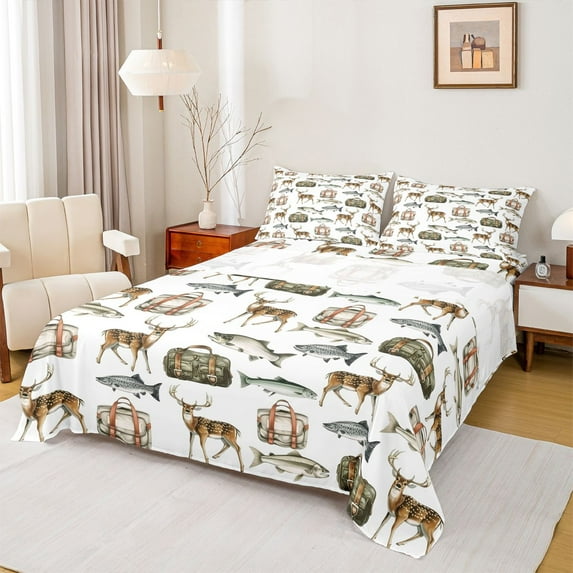 Feelyou Deer Fish Wildlife Queen Sheet Sets, Camping Adventure Kids Bed Set, 4 Pieces