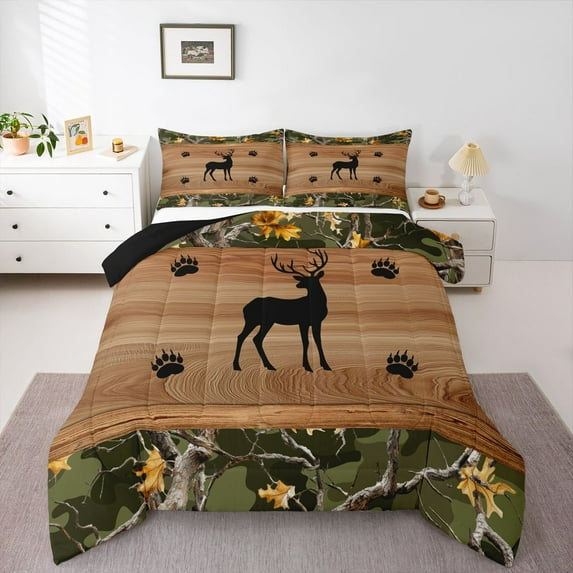 Feelyou Deer Moose Queen Comforter Set, Vintage Camo Bedding Comforter Set, 3-Piece