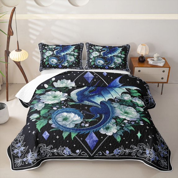 Feelyou Diamond Dragon Twin Quilt Set for Men Boys, Floral Flower Animal Twin Coverlet Set, Blue, 2 Pieces