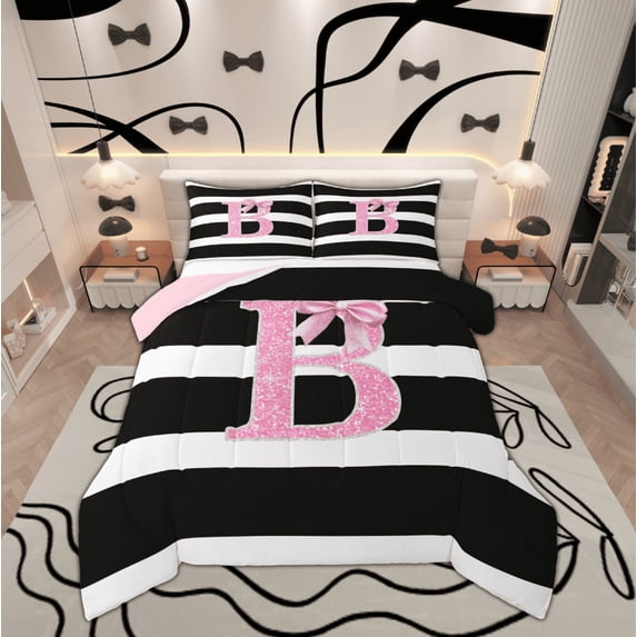 Feelyou Diamond Letter B King Size Comforter Sets, Giltter Monogrammed Bedding Comforter Set, Chic Abstract Stripes Reversible Bedding Set,Ultra Soft Home Decor,3 Pieces