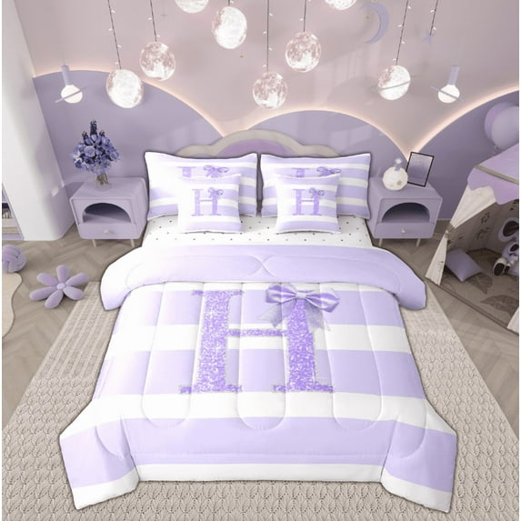 Feelyou Diamond Letter H Bedding Comforter Set 7pcs, Giltter Monogrammed Queen Bedding Sets, Chic Abstract Stripes Queen Sheet Sets,Microfiber Bedroom Decor