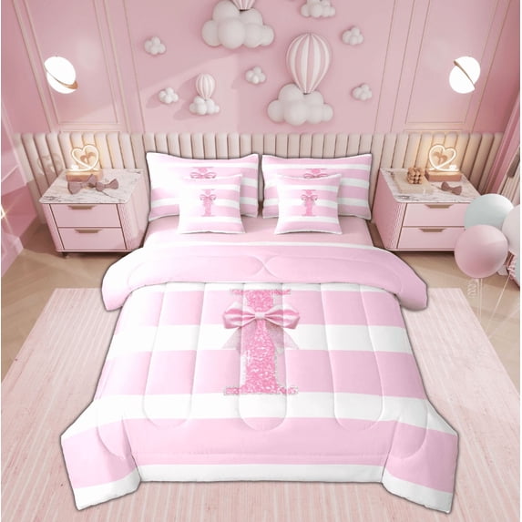 Feelyou Diamond Letter I Twin Bedding Sets 7-Piece, Giltter Monogrammed Bedding Comforter Set, Chic Abstract Stripes Reversible Sheet Sets, Super Cozy Room Decor