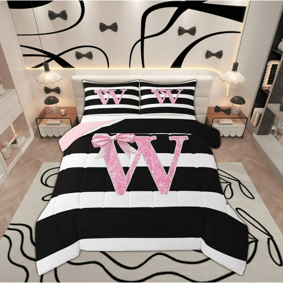 Feelyou Diamond Letter W 01, Giltter Monogrammed Twin Comforter Sets, Chic Abstract Stripes Reversible Bedding Set,Breathable Home Decor,2-Piece