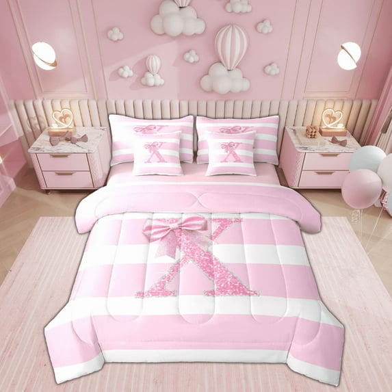 Feelyou Diamond Letter X Twin Bedding Sets 7-Piece, Giltter Monogrammed Bedding Comforter Set, Chic Abstract Stripes Reversible Sheet Sets, Lightweight Room Decor