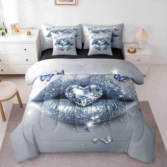 Feelyou Diamond Love Heart Bedding Comforter Set 7pcs, Fashion Lips King Bedding Sets