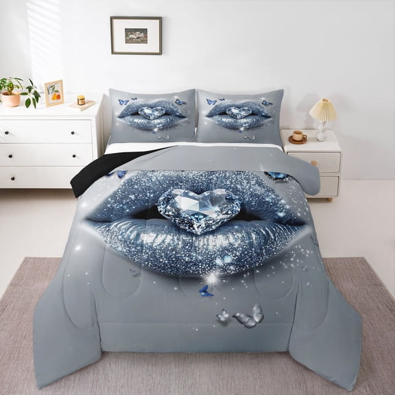 Feelyou Diamond Love Heart Queen Comforter Set, Fashion Lips Bedding Comforter Set, 3pcs
