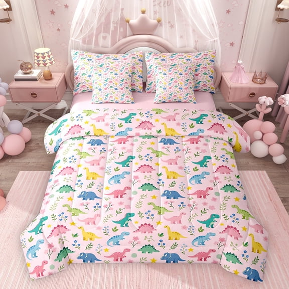 Feelyou Dino Animal Twin Bedding Sets 7-Piece, Flower Tree Plant Bedding Comforter Set