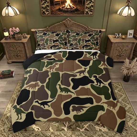 Feelyou Dino Camo Queen Comforter Set for Boys, Dinosaur Print Bedding Comforter Set, Green, Black Reversible, 3pcs