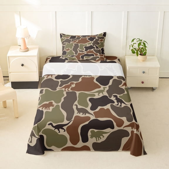 Feelyou Dino Camo Twin Sheet Sets for Boys, Dinosaur Print Bedding for Kids, Green, 3 Pieces