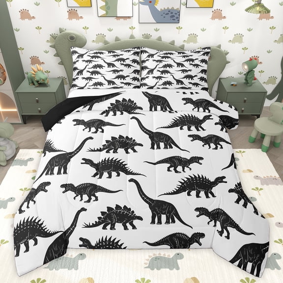 Feelyou Dinosaur Animal Queen Comforter Set, White Black Bedding Comforter Set, 3pcs