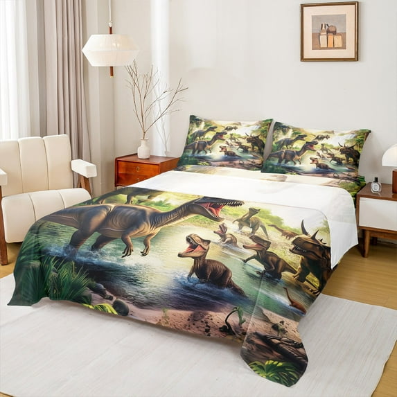 Feelyou Dinosaur Twin Sheet Sets for Kids, Kawaii Jungle Animal Twin Fitted Sheet, Palm Botanical Flat Sheet, Super Cozy Room Decor,3-Piece