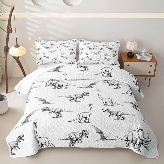 Feelyou Dinosaur Wildlife Quilt King for Men Boys, Vintage Line Art Prehistoric Animal King Coverlet Set, Black White, 3 Pieces