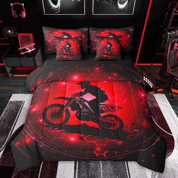 Feelyou Dirt Bike Sport Bedding Comforter Set 7 Pieces for Kids, Neon Red Abstract Full Bedding Set, Modern Motorcycle Lover Reversible Fitted Sheet Flat Sheet, Super Cozy Room Decor