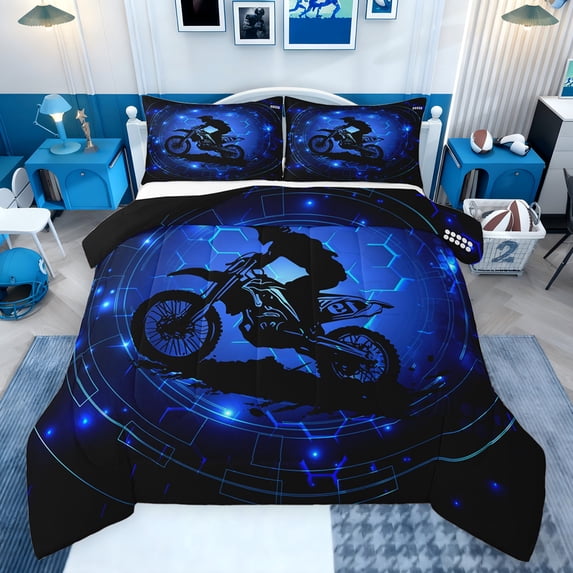 Feelyou Dirt Bike Sport Bedding Comforter Set for Kids, Neon Navy Abstract Twin Comforter Sets, Modern Motorcycle Lover Reversible Bedding Set, Super Cozy Room Decor, 2pcs