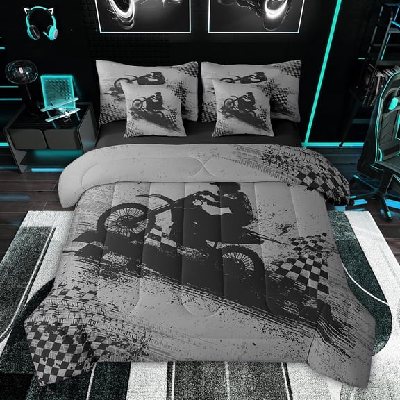 Feelyou Dirt Bike Sport Twin Bedding Sets 7-Piece for Kids, Grey Graffiti Check Bedding Comforter Set, Modern Motorcycle Lover Reversible Sheet Sets, Microfiber Bedroom Decor