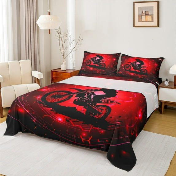 Feelyou Dirt Bike Sport Twin Sheet Sets for Kids, Neon Red Abstract Twin Fitted Sheet, Modern Motorcycle Lover Flat Sheet, Super Cozy Room Decor, 3pcs