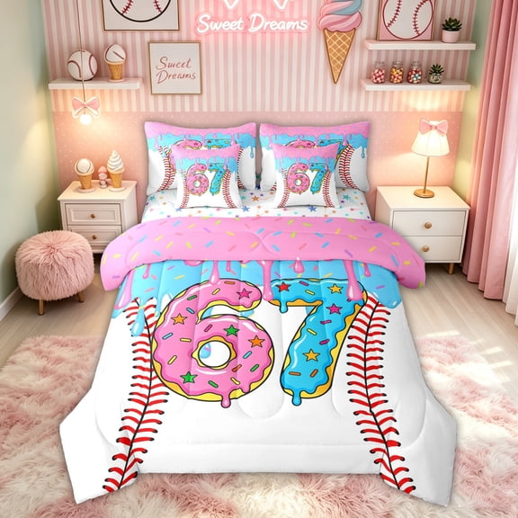 Feelyou Donut 67 Number Baseball Twin Bedding for Girls, Sprinkle Ice Cream Drip Bedding Comforter Set, Colorful Star Reversible, 7pcs