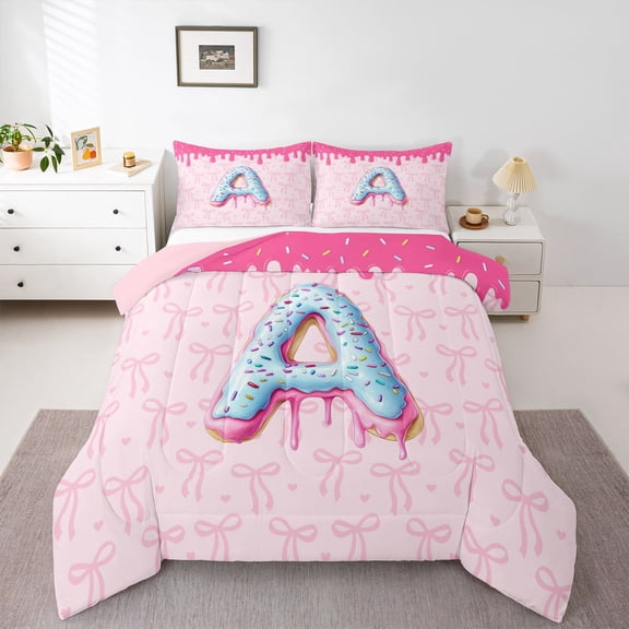 Feelyou Donut Initial A Teens Twin Comforter Sets, Princess Pink Bowknot Bedding Set, 2pcs