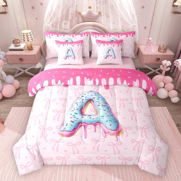 Feelyou Donut Initial A Twin Bedding Sets 7pcs, Princess Pink Bowknot Comforter Set