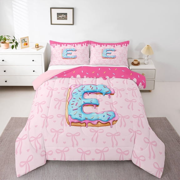 Feelyou Donut Initial E Queen Comforter Set, Princess Pink Bowknot Bedding Set, 3pcs