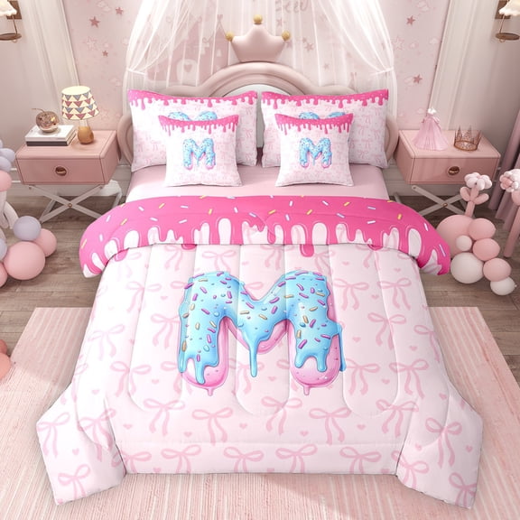 Feelyou Donut Initial M Comforter Set 7pcs, Princess Pink Bowknot King Bedding Sets