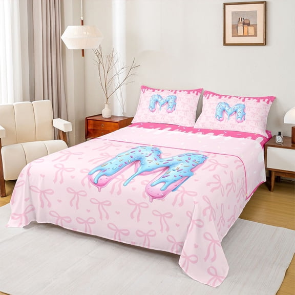 Feelyou Donut Initial M Teens Twin Sheet Sets, Princess Pink Bowknot Bedding, 3pcs