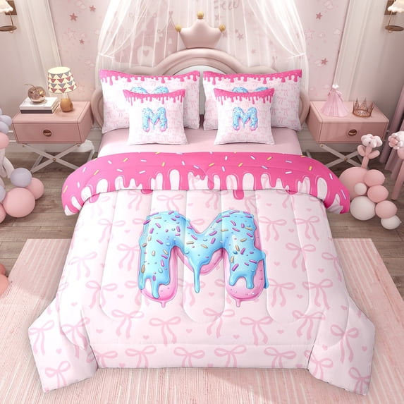 Feelyou Donut Initial M Twin Bedding Sets 7pcs, Princess Pink Bowknot Comforter Set