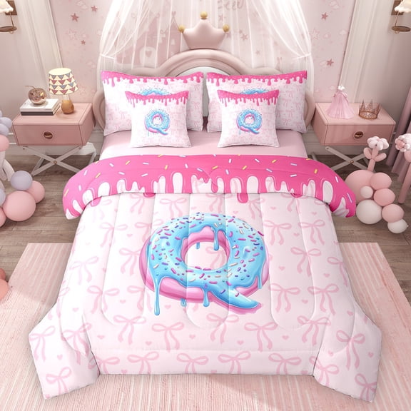 Feelyou Donut Initial Q Comforter Set 7pcs, Princess Pink Bowknot Queen Bedding Sets