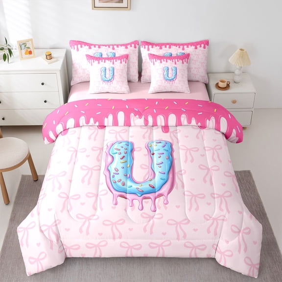 Feelyou Donut Initial U Twin Bedding Sets 7pcs, Princess Pink Bowknot Comforter Set