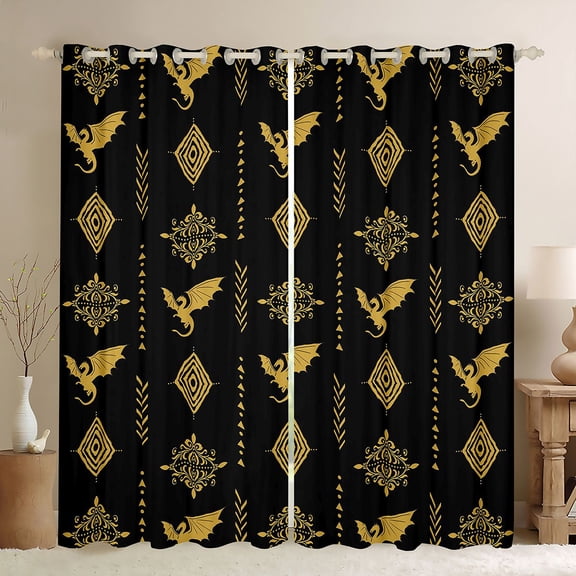 Feelyou Dragon Black Out Curtains, Black Yellow Aztec Curtains Pack of 2 (42x63 Each)