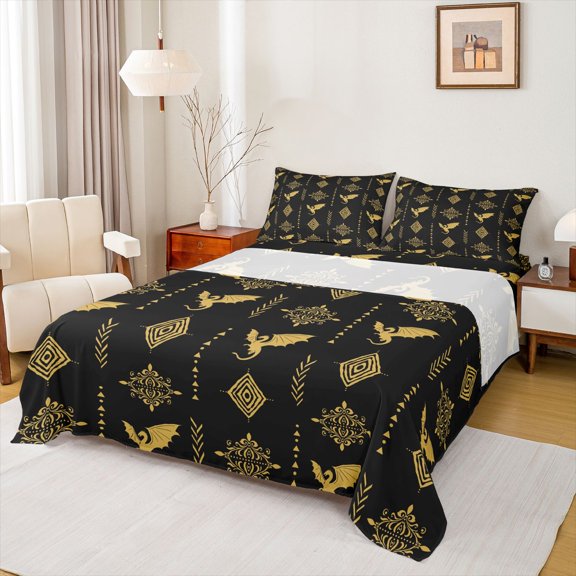 Feelyou Dragon Teens Bed Sheets, Black Yellow Aztec Triangle King Sheets, 4-Piece