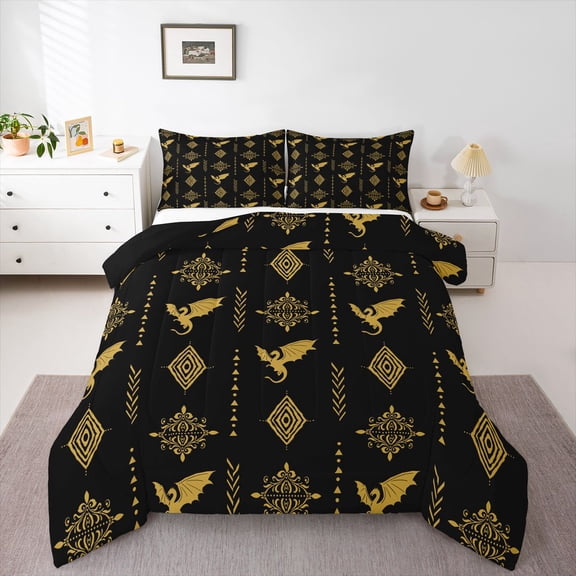 Feelyou Dragon Teens Twin Comforter Sets, Black Yellow Aztec Triangle Bedding Set, 2-Piece
