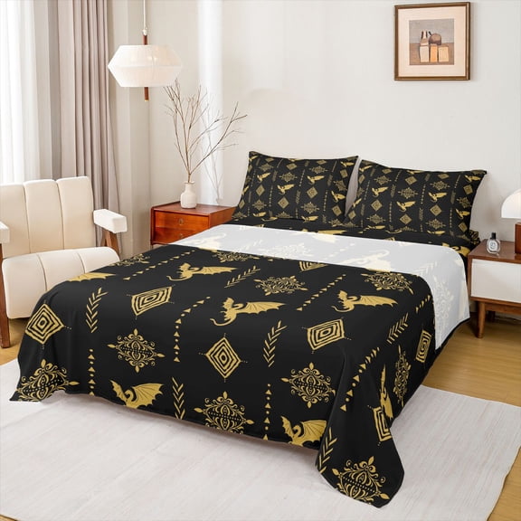 Feelyou Dragon Teens Twin Sheet Sets, Black Yellow Aztec Triangle Bedding, 3-Piece