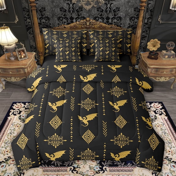 Feelyou Dragon Twin Bedding Sets 7pcs, Black Yellow Aztec Triangle Bedding Comforter Set
