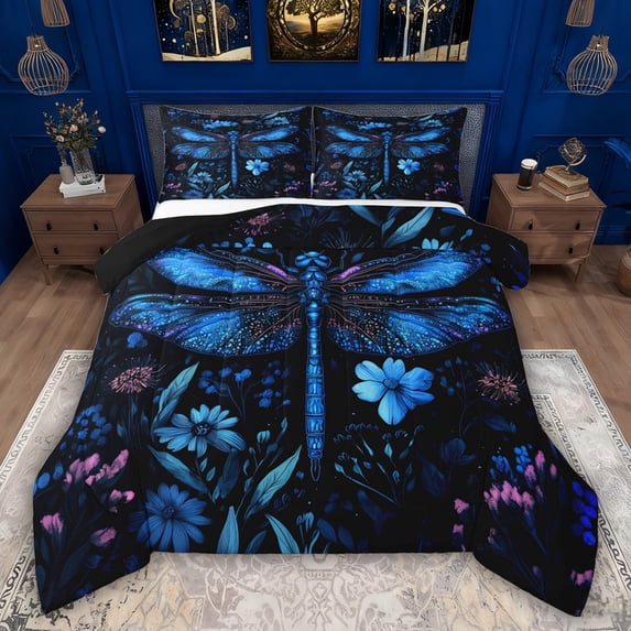 Feelyou Dragonfly Animal Full Size Comforter Sets, Blue Groovy Flower Bedding Sets, 3pcs