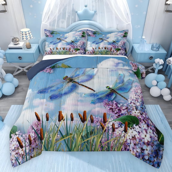Feelyou Dragonfly Animal Twin Comforter Sets, Rustic Spring Flower Bedding Set, 2 Pieces