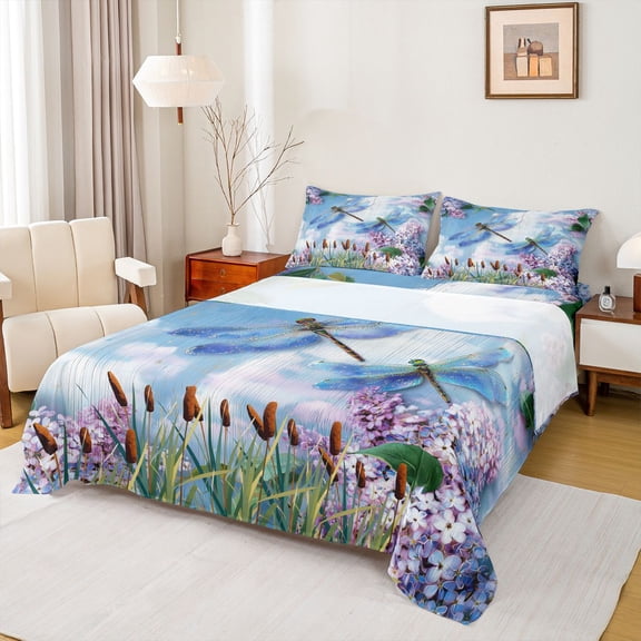 Feelyou Dragonfly Animal Twin Sheet Sets, Rustic Spring Flower Bedding, 3 Pieces