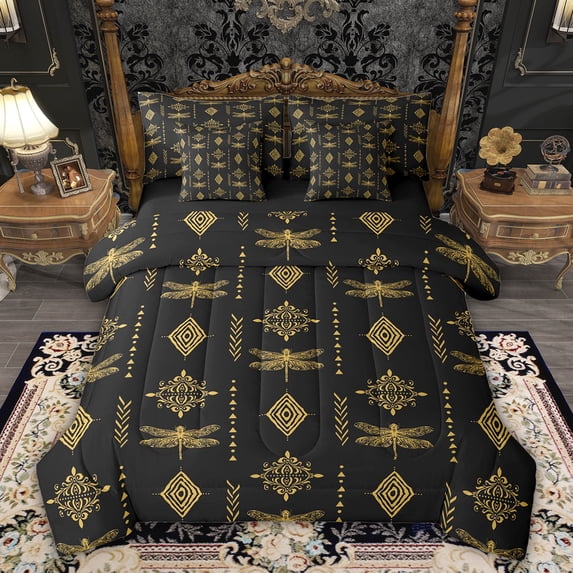 Feelyou Dragonfly Bedding Comforter Set 7pcs, Yellow Boho Aztec Damask King Bedding Sets